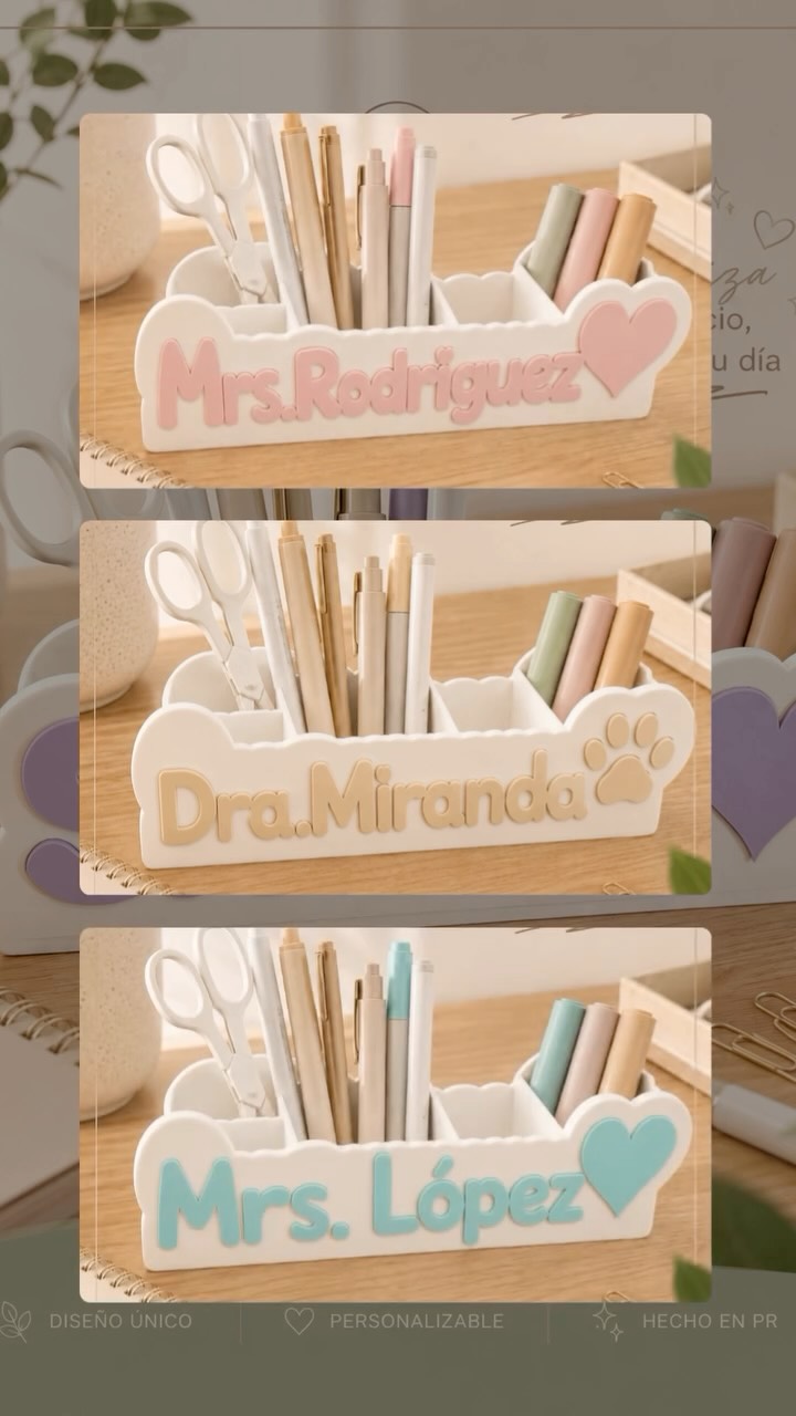 Tres organizadores de escritorio blancos personalizados con nombres y acentos pastel